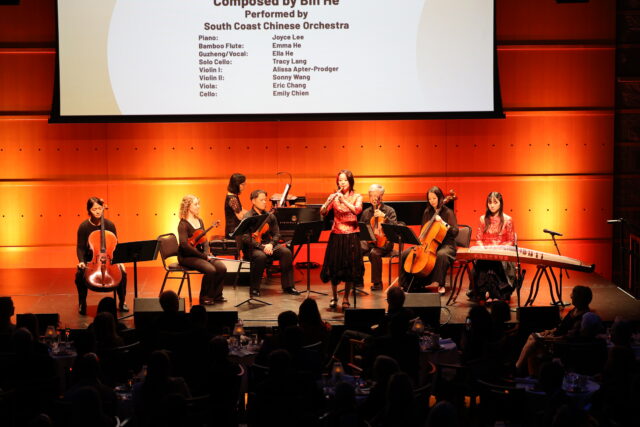 A musical ensemble performs on stage