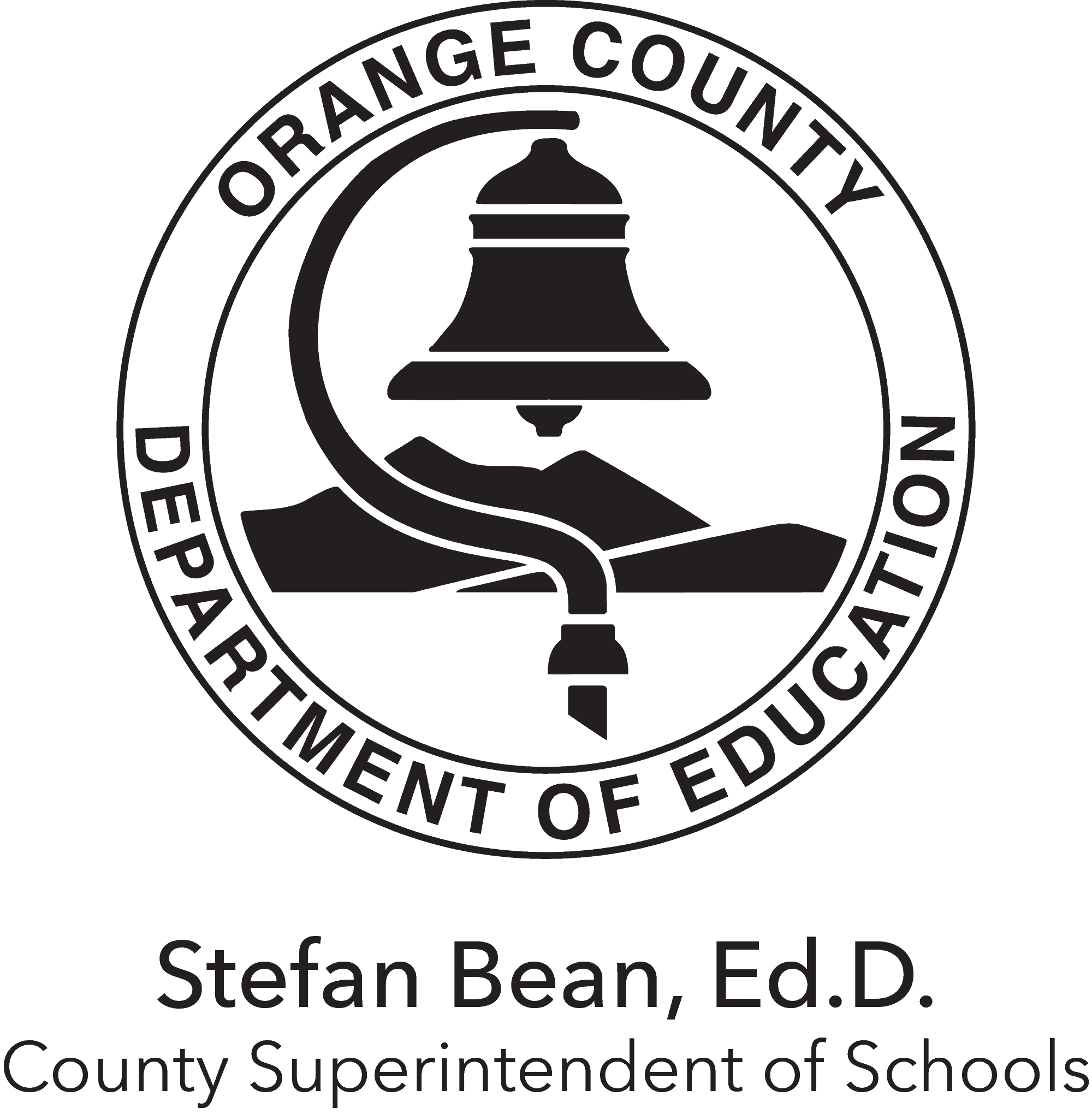 Logo for the Orange County Department of Education with a schoolbell in front of a mountain range. Caption reads: "Stefan Bean, Ed.D. County Superintendent of Schools"